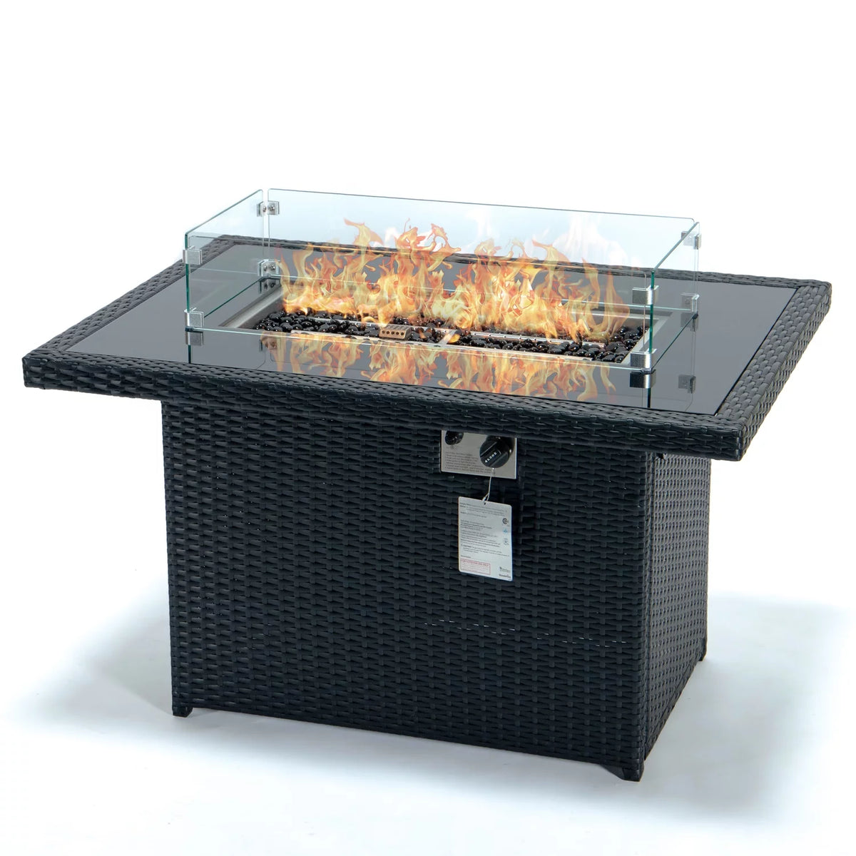 Black Wicker Propane Fire Pit Table with Glass Shield and Lid W4859