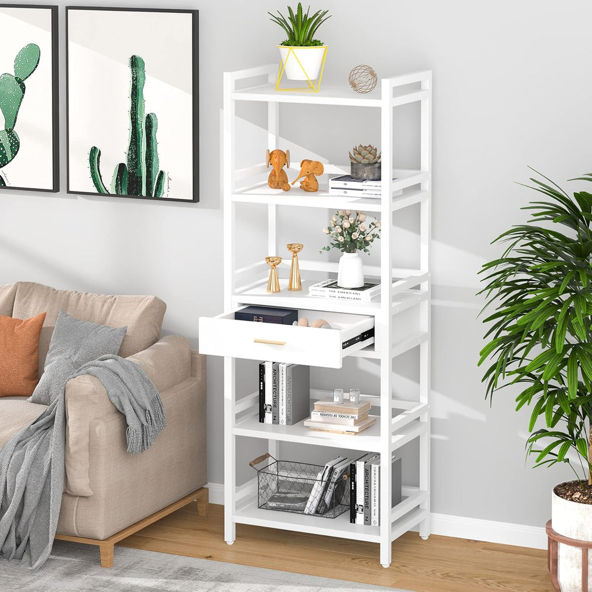 White 5-Tier Bookshelf with Drawer J928