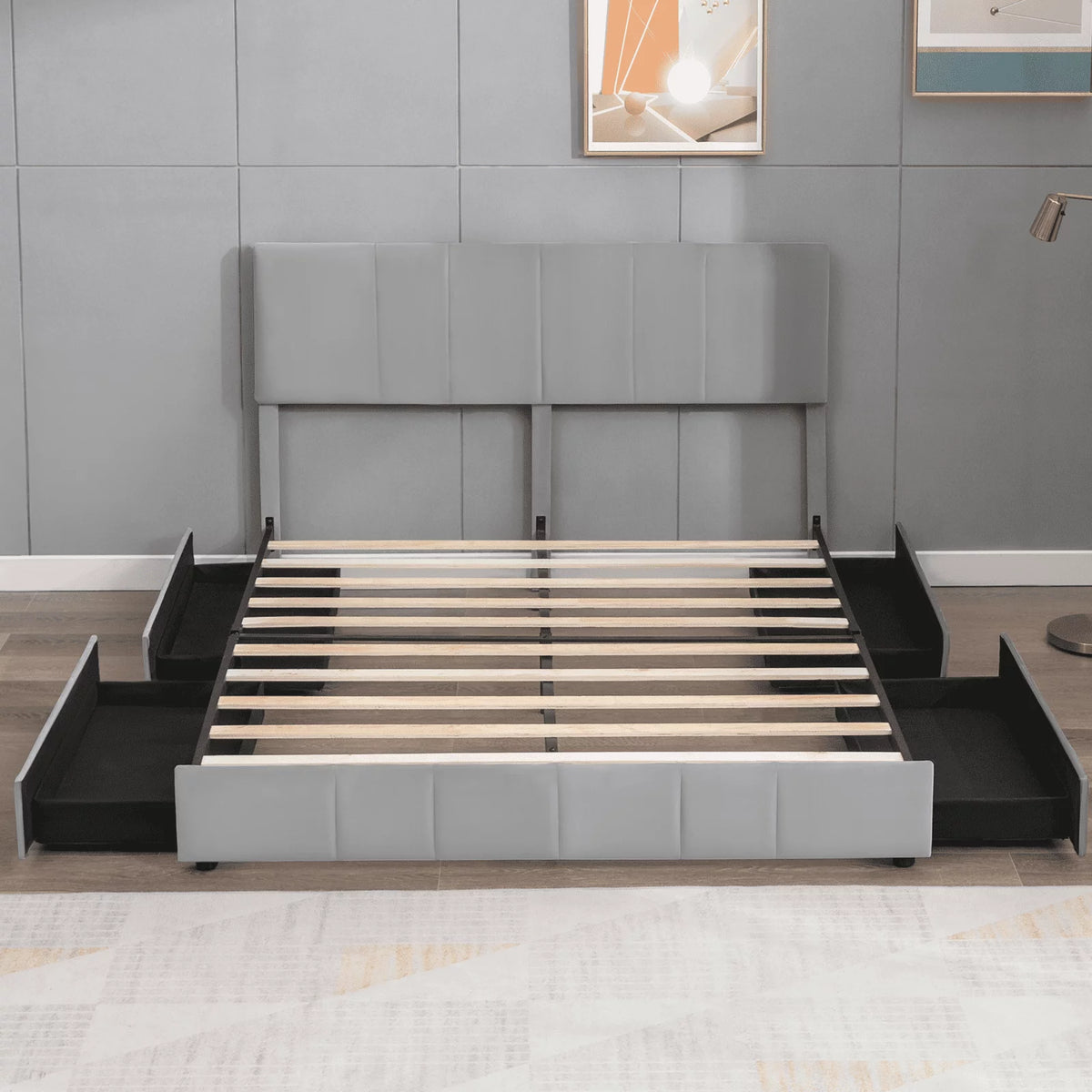 King Size Platform Bed Frame with 4 Storage Drawers and Adjustable Headboard Z208010