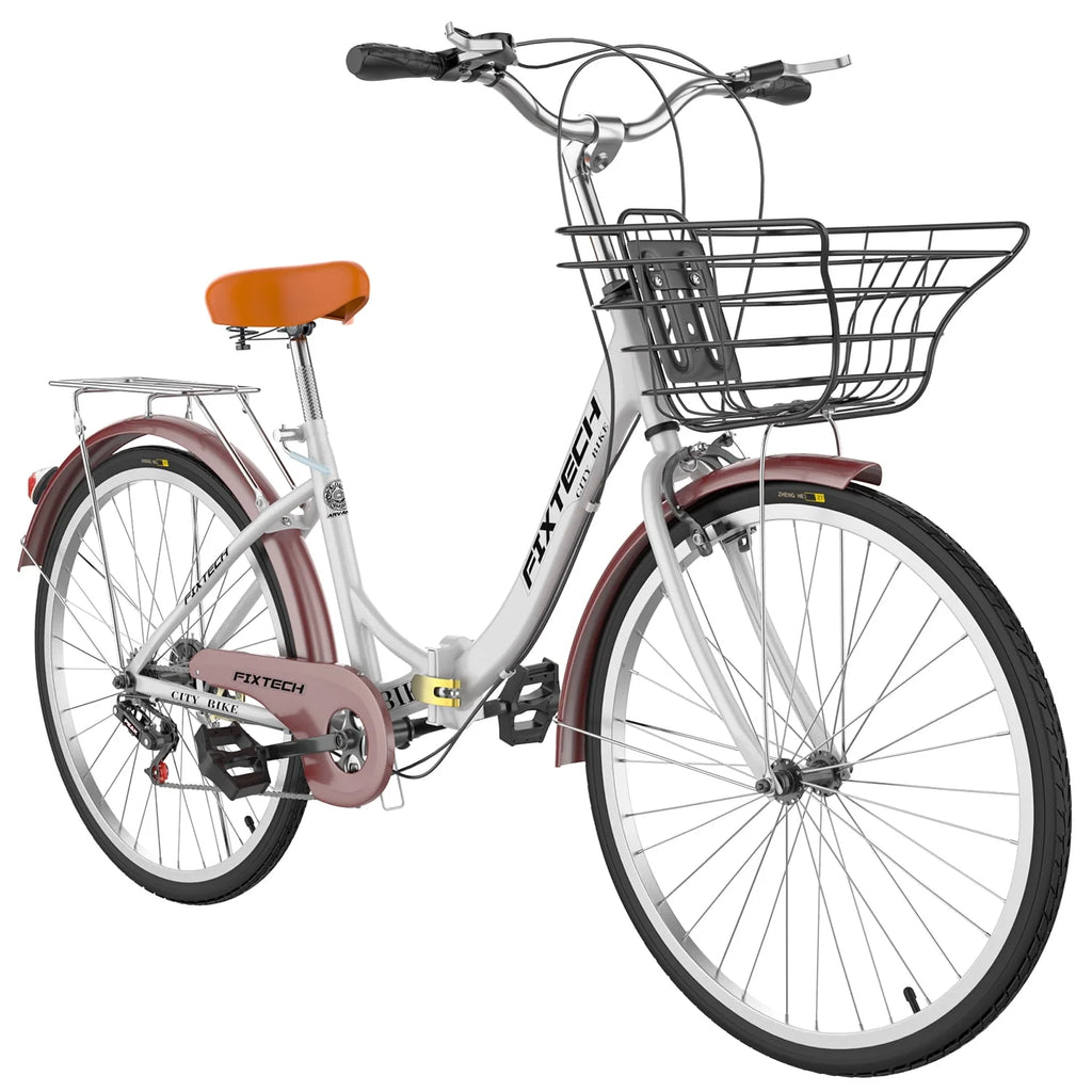 White 26 inch 7 Speed Foldable Cruiser Bike with Basket P1367