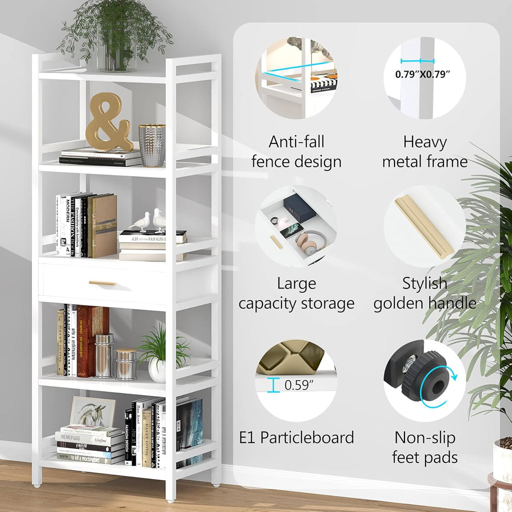 White 5-Tier Bookshelf with Drawer J928
