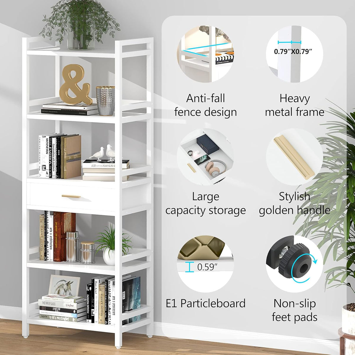 White 5-Tier Bookshelf with Drawer J928
