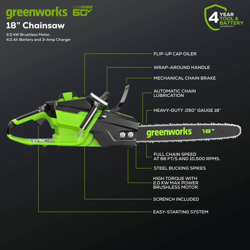 60V 2.0kW Brushless Chainsaw with 4.0 Ah Battery & Charger O209