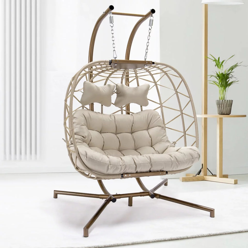 Beige Wicker Double Egg Chair with Stand M171024