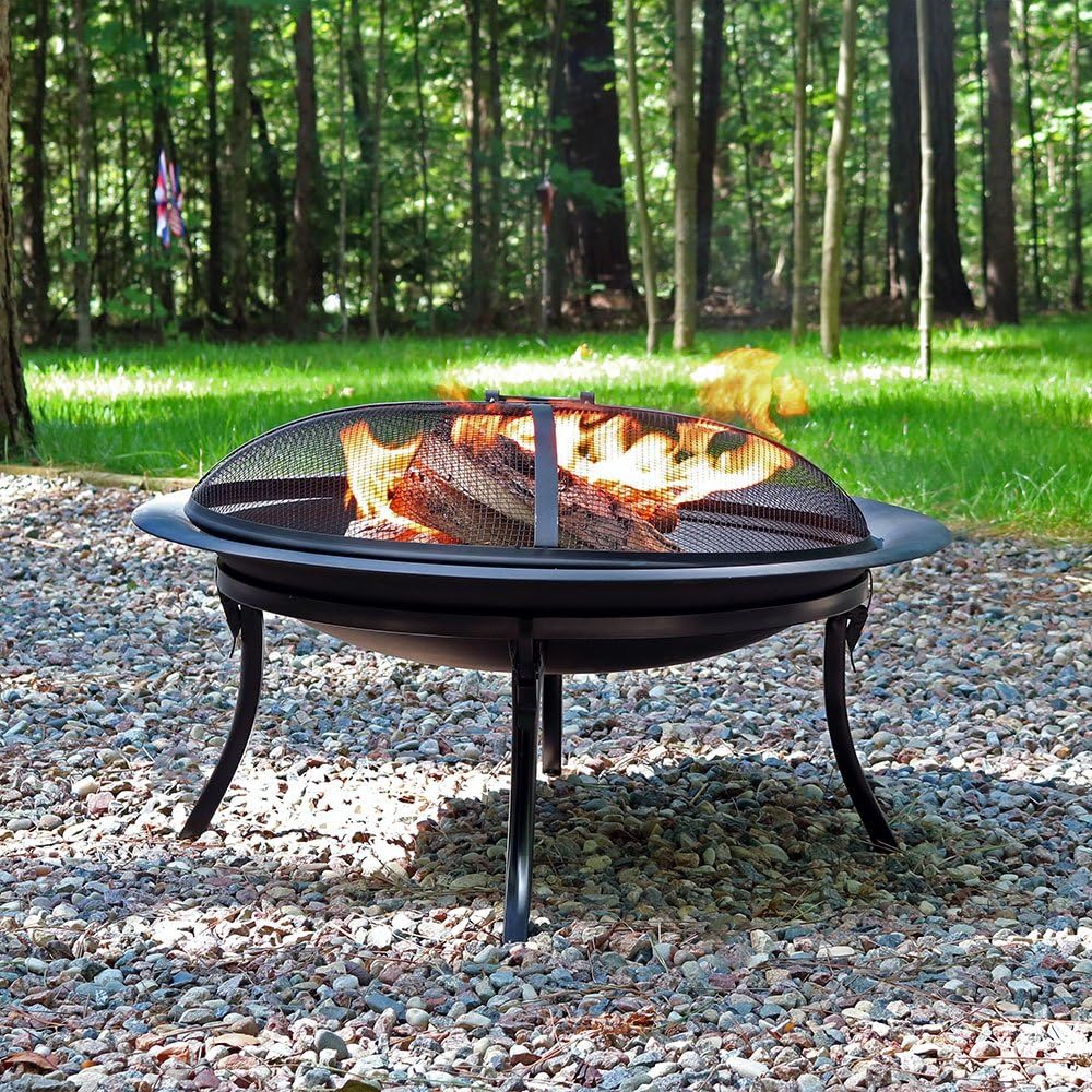 29-Inch Round Wood-Burning Portable Fire Pit Bowl with Spark Screen R401198