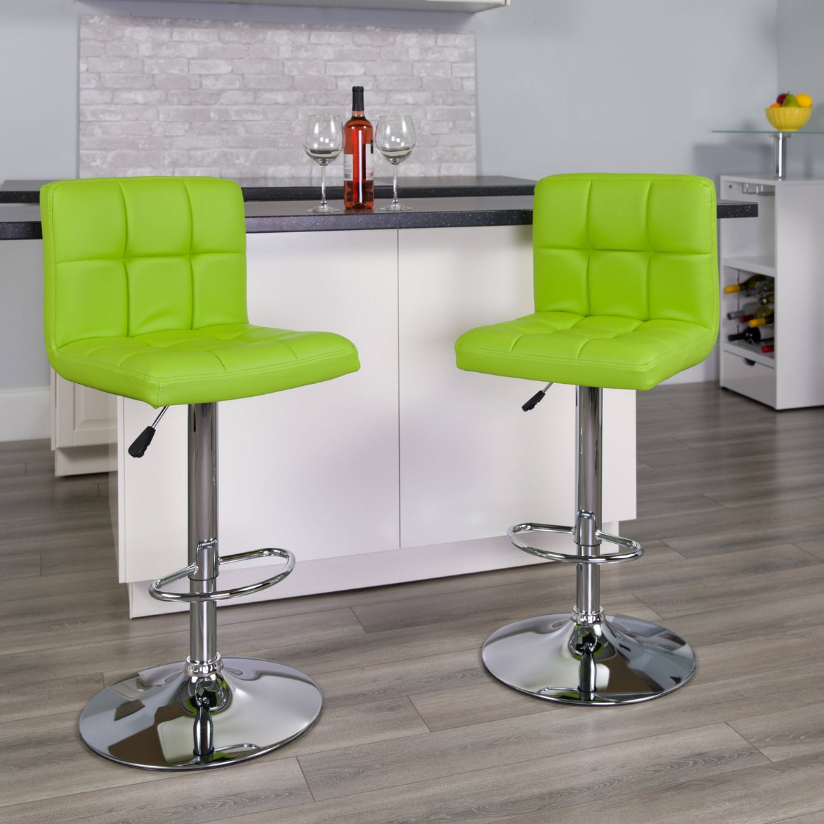 Green Quilted Vinyl Adjustable Height Barstool Set of 2 I3865