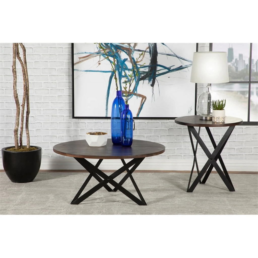 Wood Round Coffee Table with Intersecting Triangles Base Gray K30782