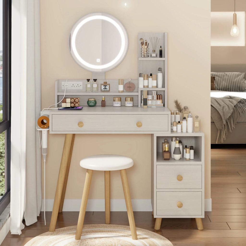 White Vanity Table with Lighted Mirror and Stool L88811