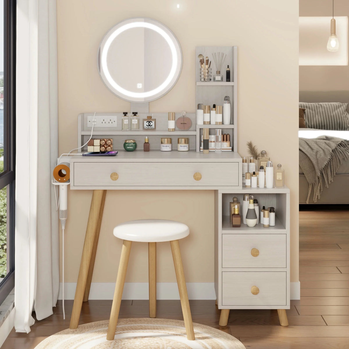 White Vanity Table with Lighted Mirror and Stool L88811