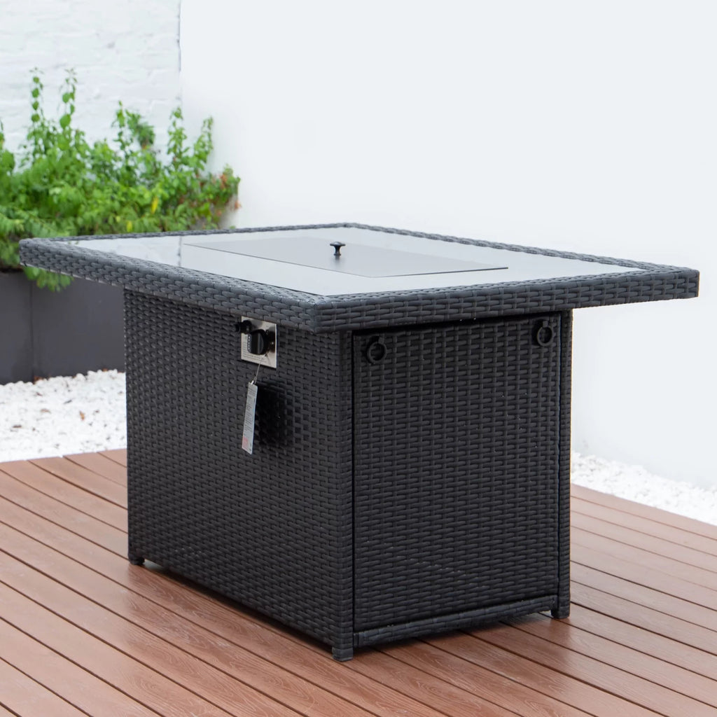 Black Wicker Propane Fire Pit Table with Glass Shield and Lid W4859
