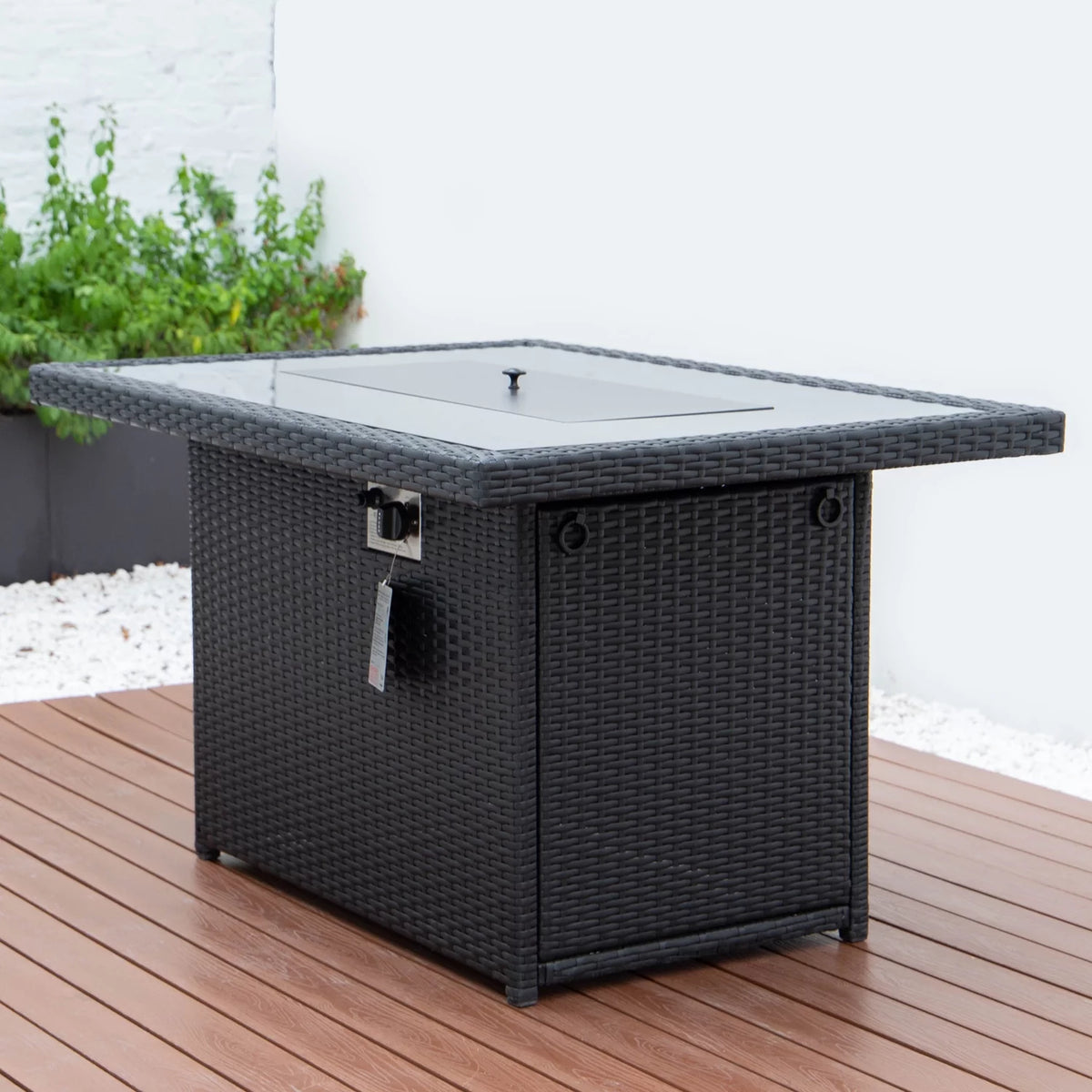 Black Wicker Propane Fire Pit Table with Glass Shield and Lid W4859