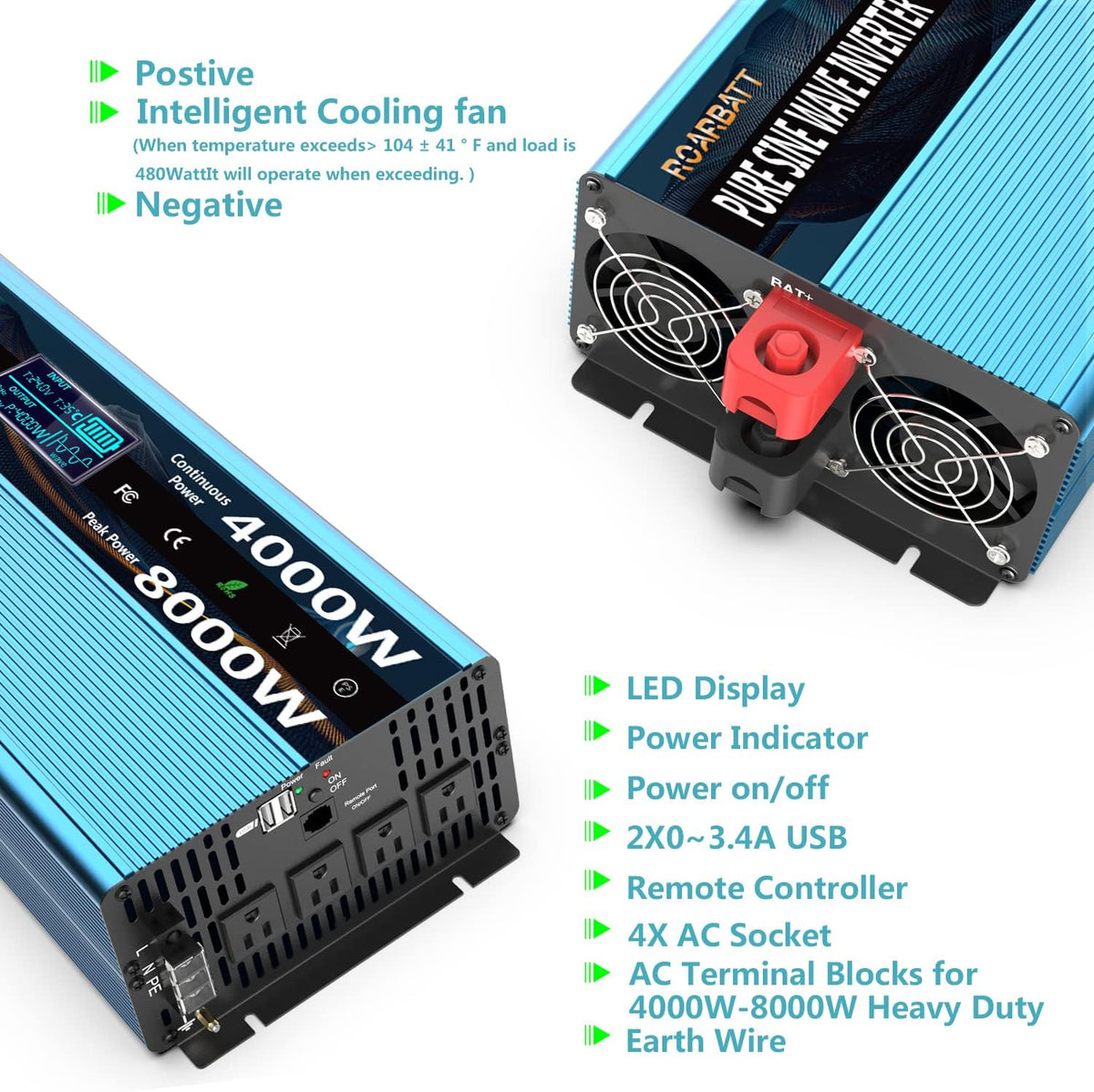 4000W Pure Sine Wave Power Inverter 12V to 110V with Remote Control C5381
