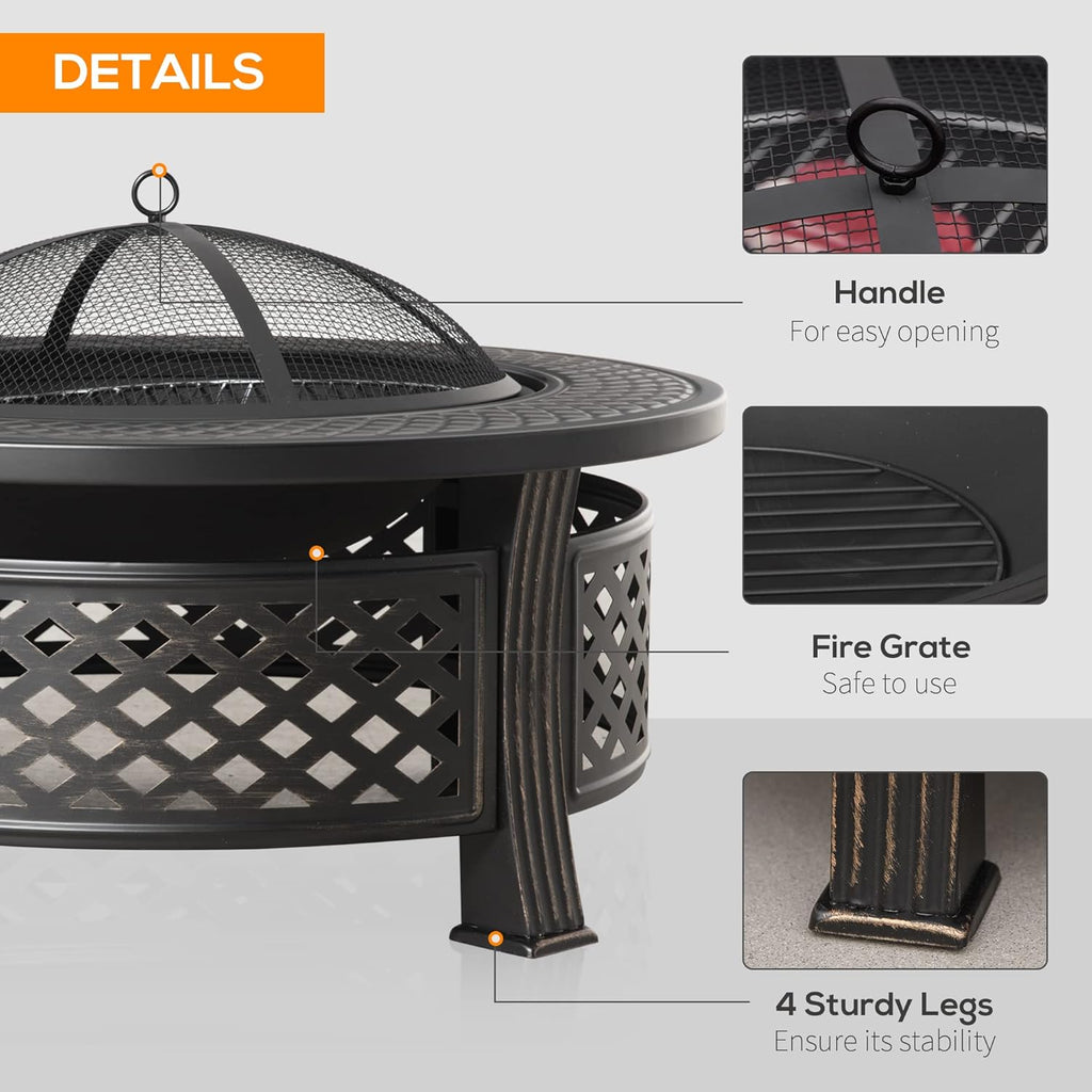 32 Outdoor Wood Burning Fire Pit with Grill, Spark Screen, Poker, Rain Cover, Black T5073