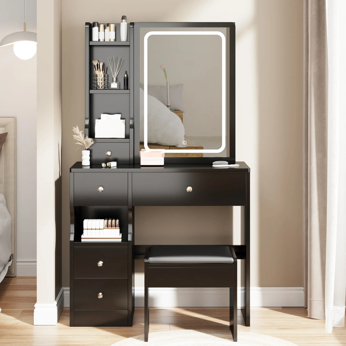 White Vanity Table with Lighted Mirror and Stool L88811