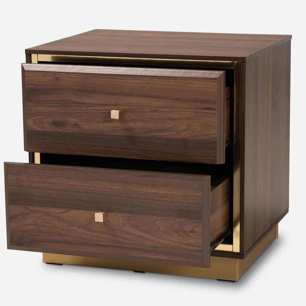 Walnut Brown Wood and Gold Metal 2-Drawer Nightstand F96707