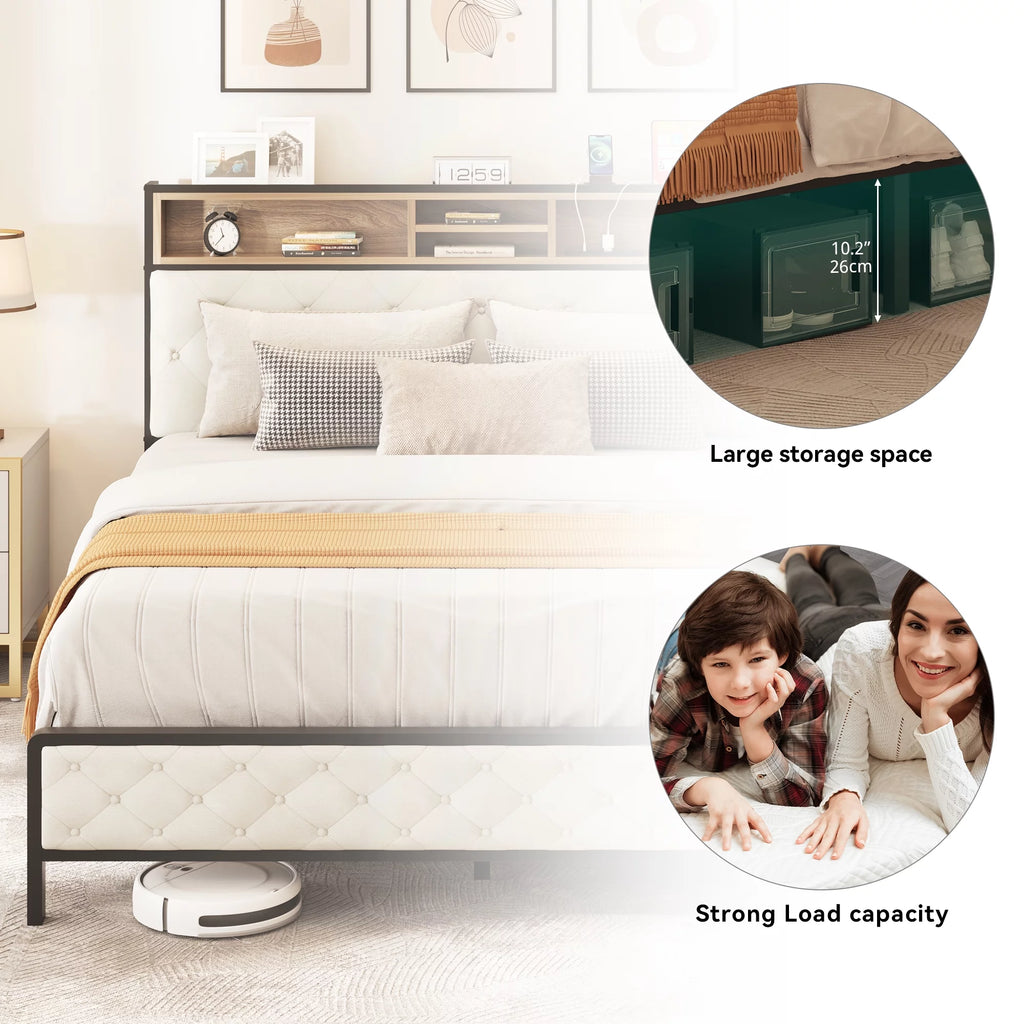 Queen Size Beige Metal Bed Frame with Storage Headboard R817896