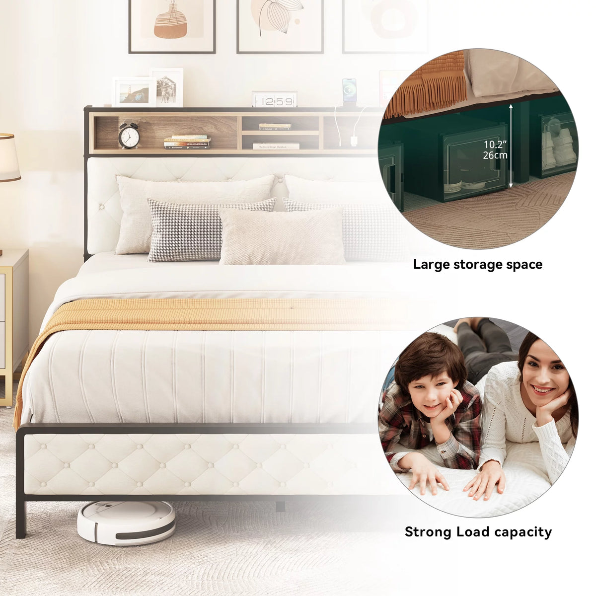Queen Size Beige Metal Bed Frame with Storage Headboard R817896