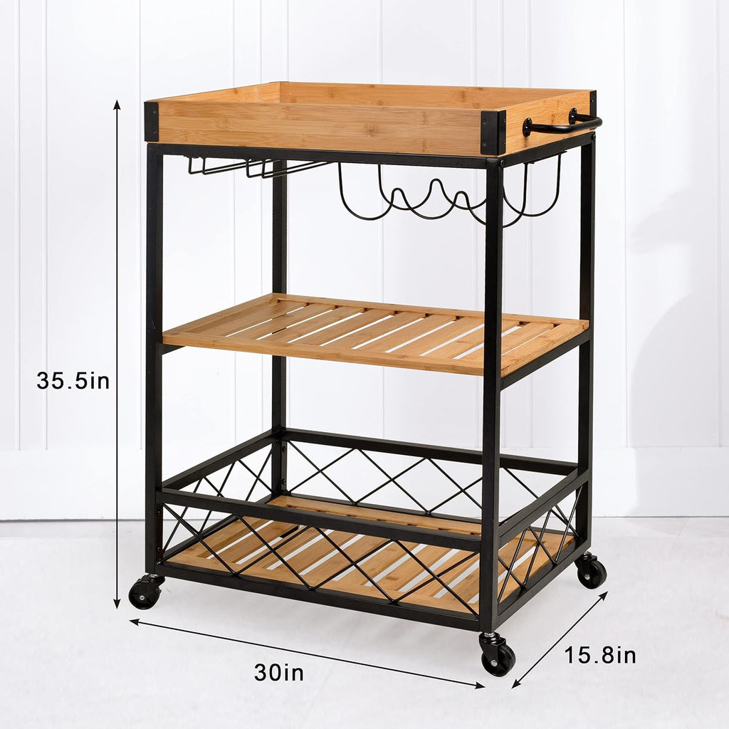 Bamboo Kitchen Island Cart with Mesh Shelves S61330
