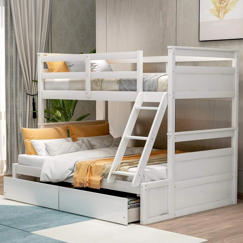 White Over Full Bunk Bed with Storage and Two Drawer A342772