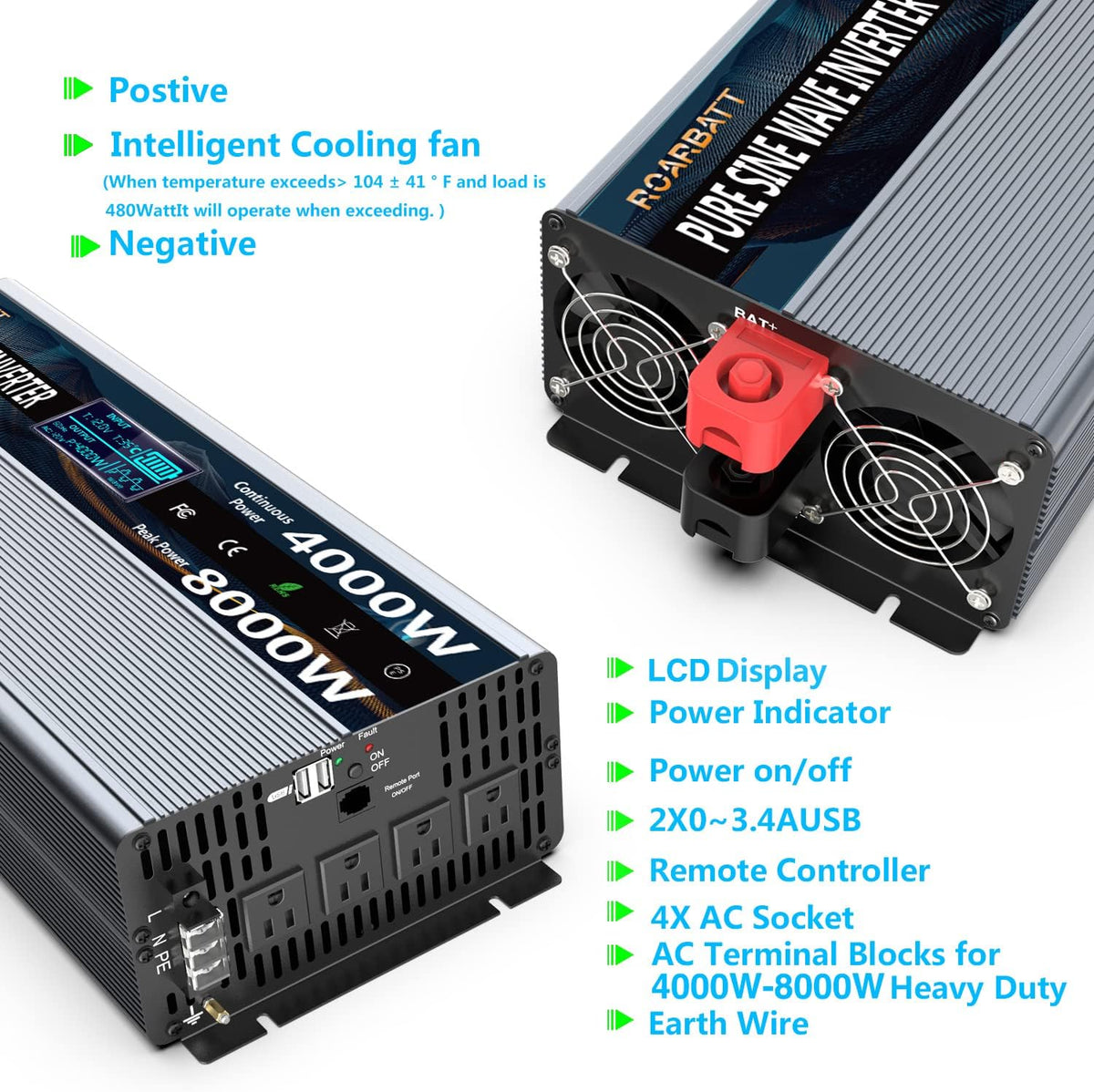 4000W Pure Sine Wave Power Inverter 12V to 110V with Remote Control C5381