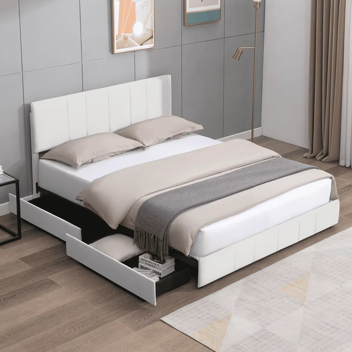 King Size Platform Bed Frame with 4 Storage Drawers and Adjustable Headboard Z208010