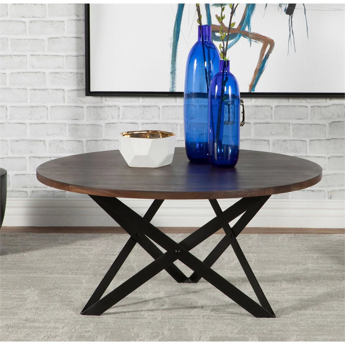 Wood Round Coffee Table with Intersecting Triangles Base Gray K30782