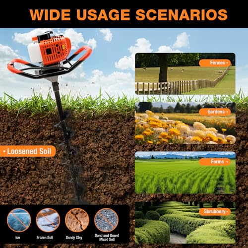 52cc 1700W Gas Powered Auger Post Hole Digger with 3 Drill Bits O86518