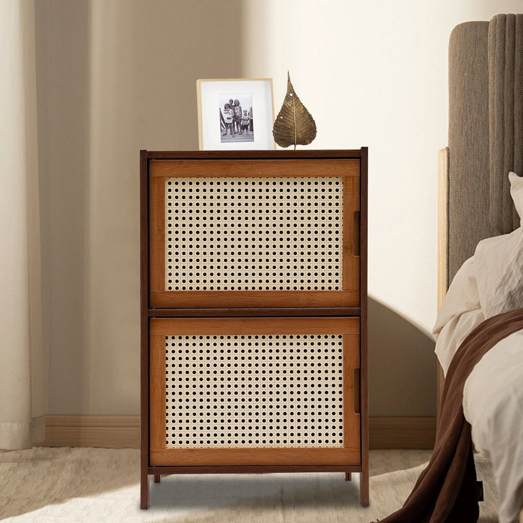 Dark Brown Rattan Nightstand with Door Drawer Y98130