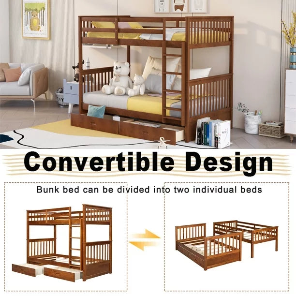 Solid Wood Twin Over Twin Bunk Beds with Storage Drawers F327