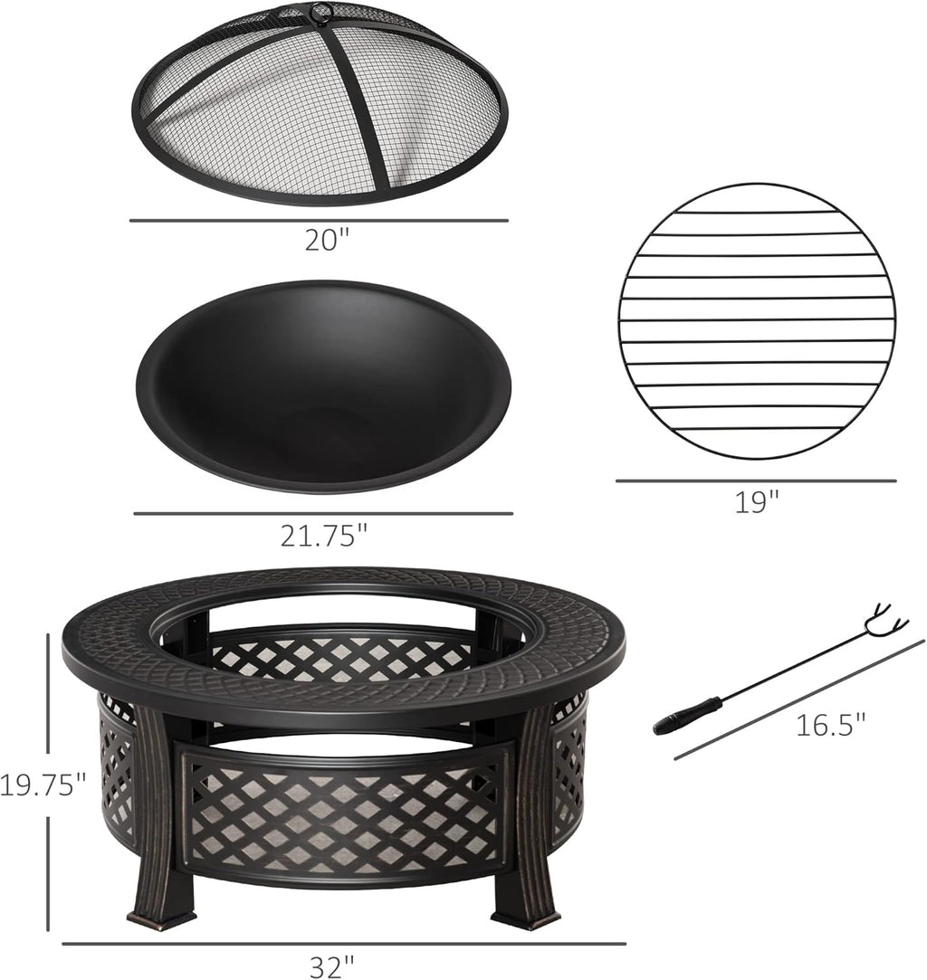 32 Outdoor Wood Burning Fire Pit with Grill, Spark Screen, Poker, Rain Cover, Black T5073