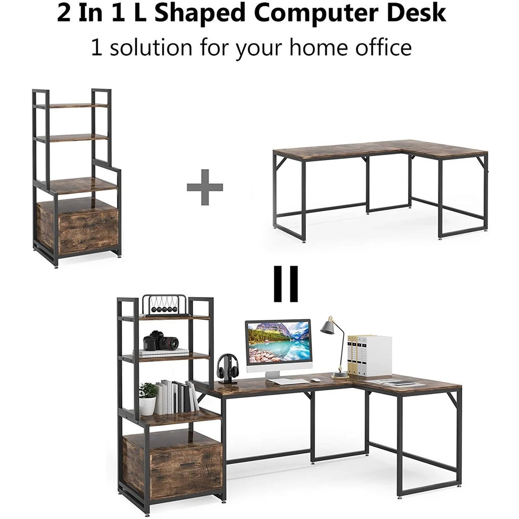 L-Shaped Computer Desk with Bookshelves U6024