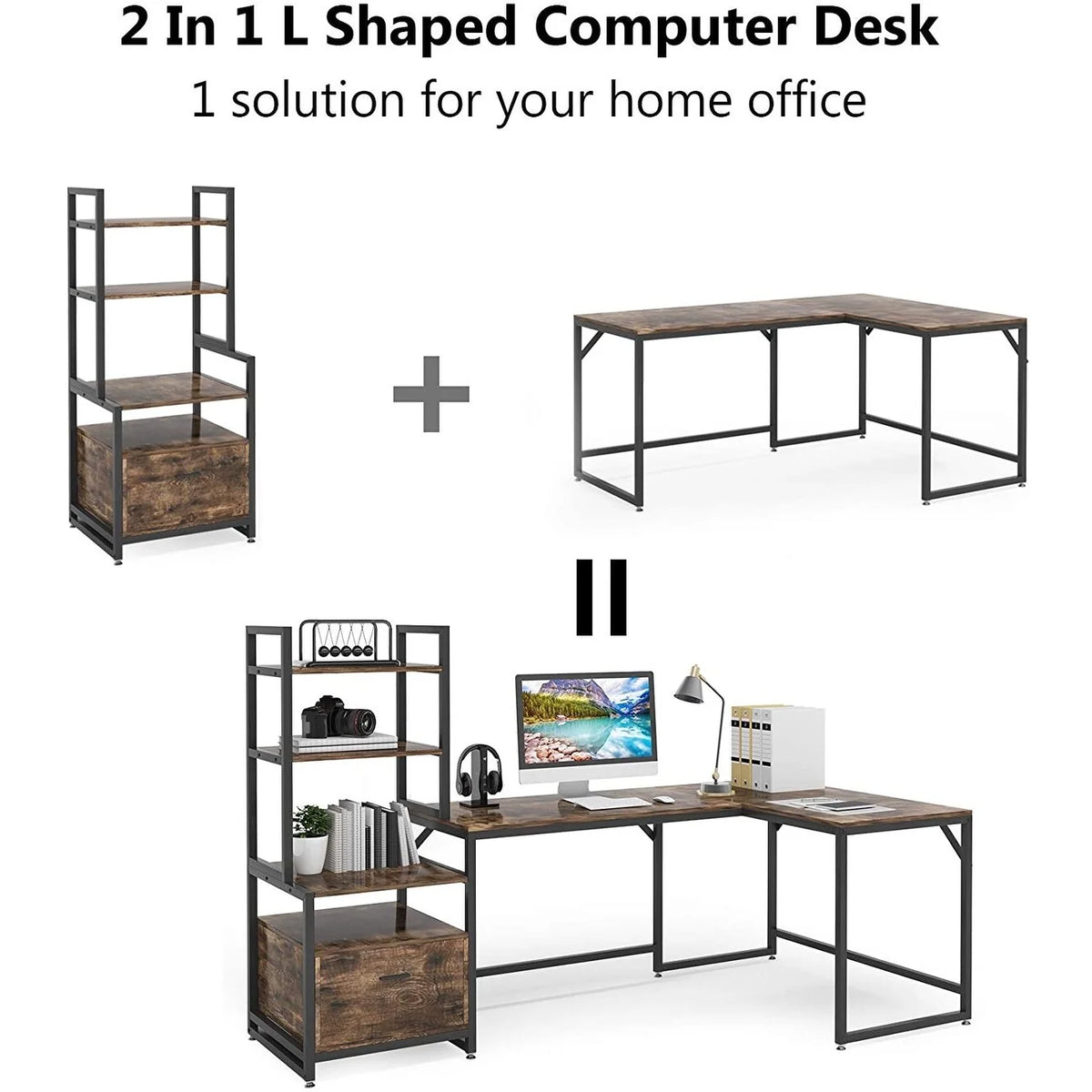 L-Shaped Computer Desk with Bookshelves U6024