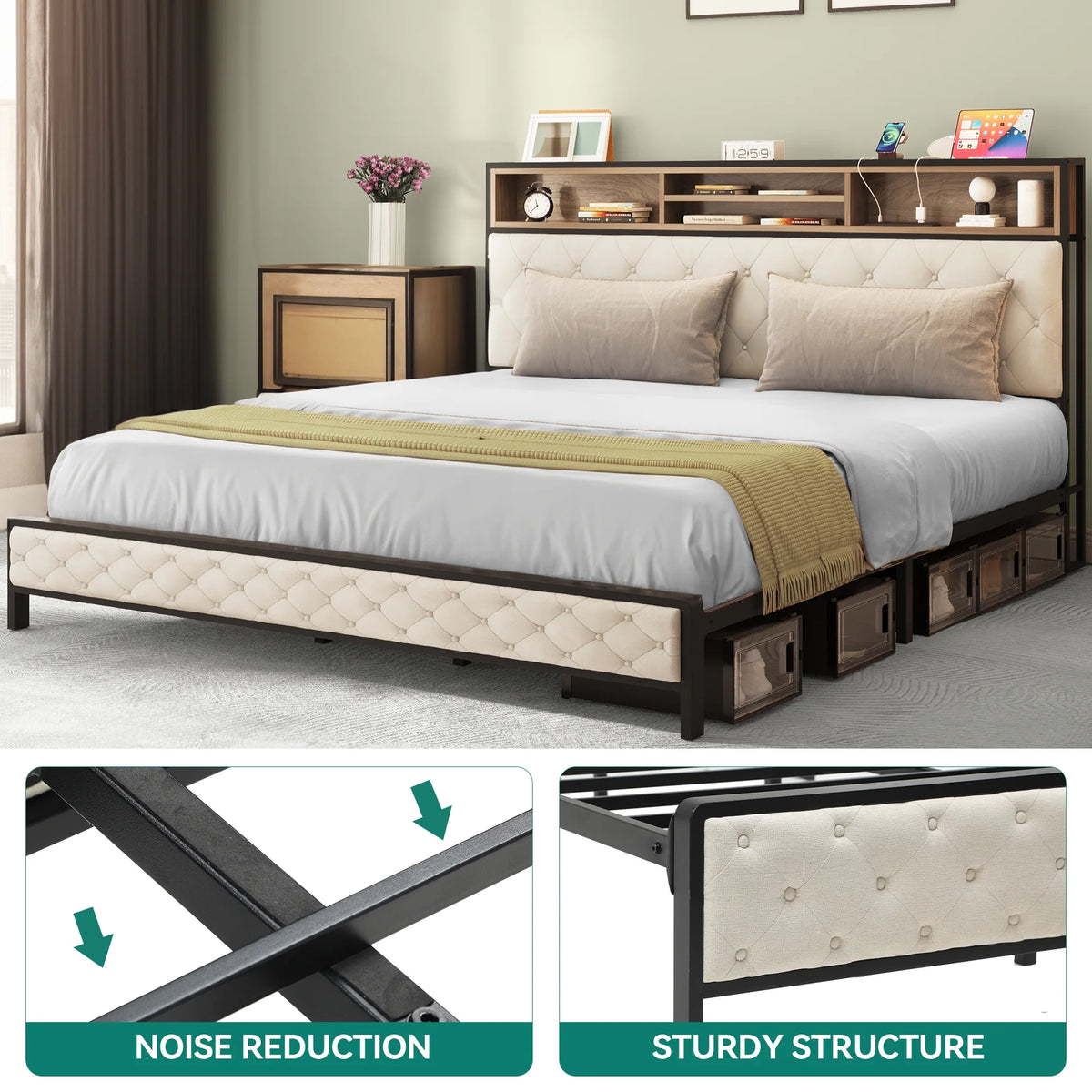 Queen Size Beige Metal Bed Frame with Storage Headboard R817896