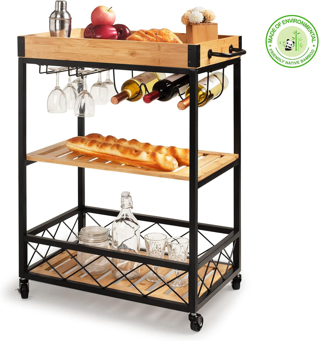 Bamboo Kitchen Island Cart with Mesh Shelves S61330