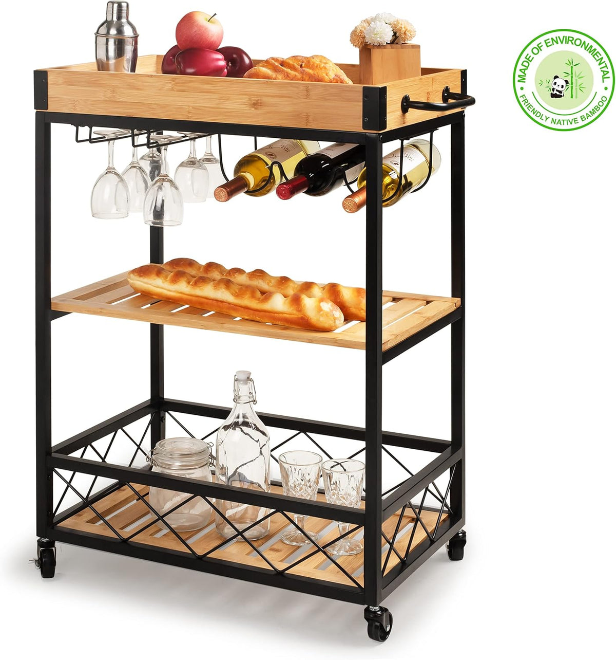 Bamboo Kitchen Island Cart with Mesh Shelves S61330