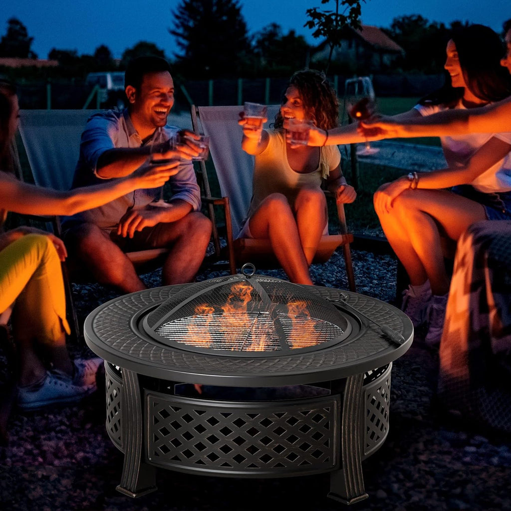 32 Outdoor Wood Burning Fire Pit with Grill, Spark Screen, Poker, Rain Cover, Black T5073