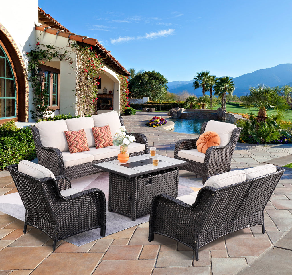5 Pieces Wicker Patio Sectional Sofa with Fire Pit Table Z75274
