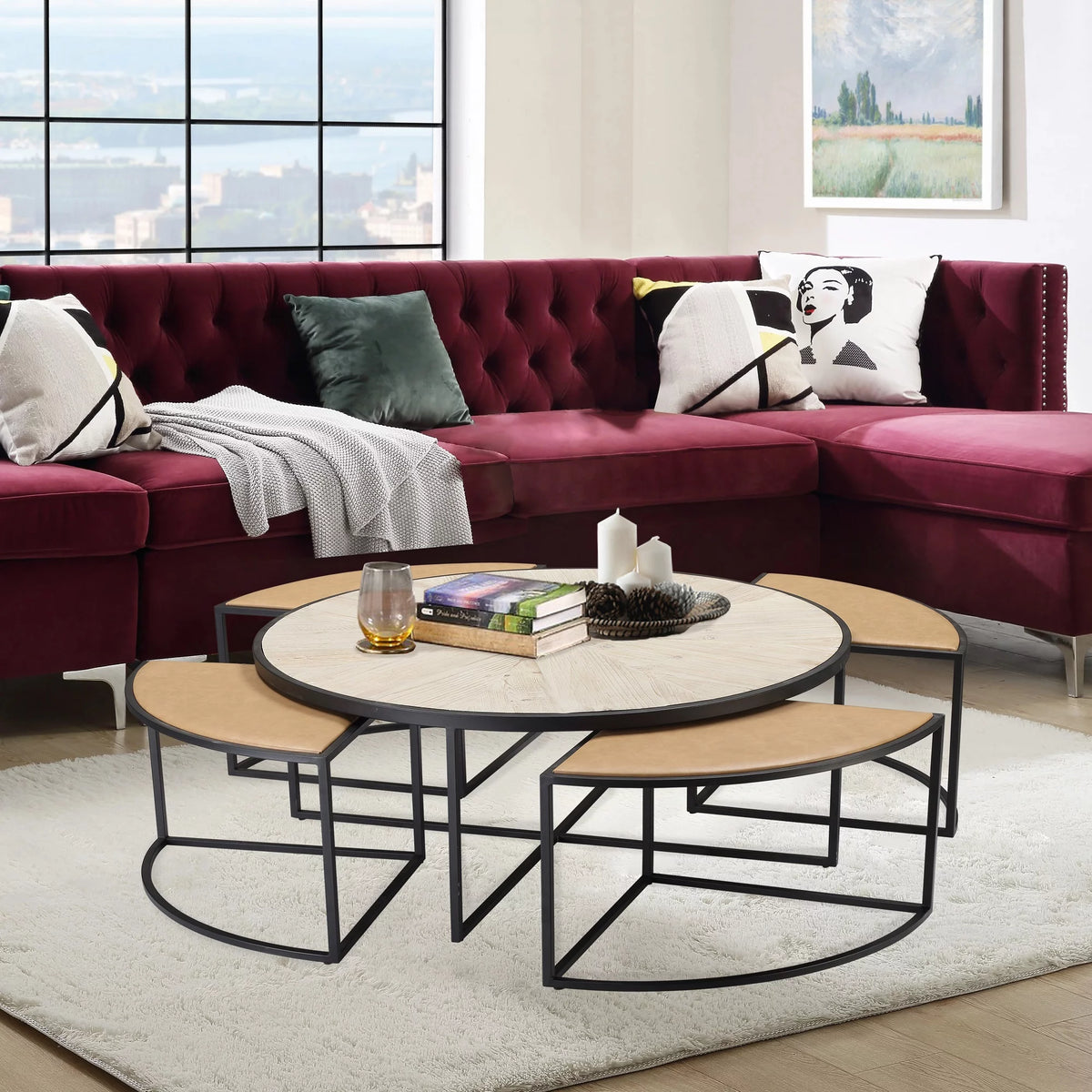 Black Round Coffee Table with 4 Nesting Stools Z345341