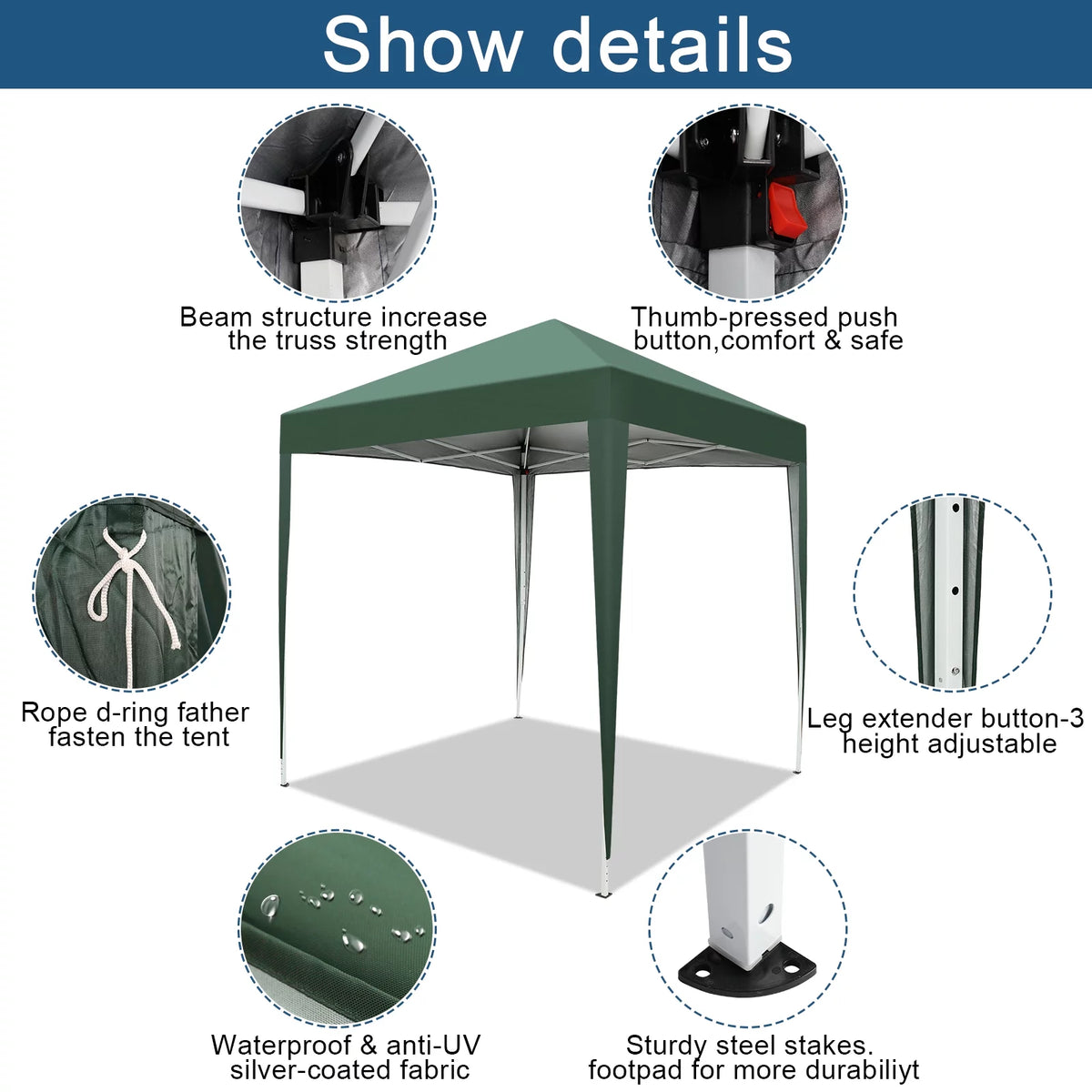 6.5 x 6.5ft Pop Up Gazebo Canopy Tent with 4 Sidewalls Green T91216