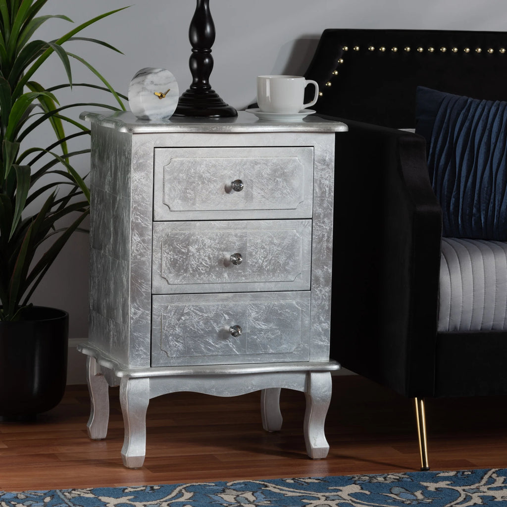 Silver Finished Wood 3-Drawer End Table O60516