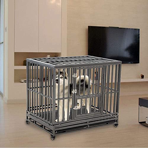 Heavy Duty Dog Cage Metal Kennel and Crate 42 inch Black B7954