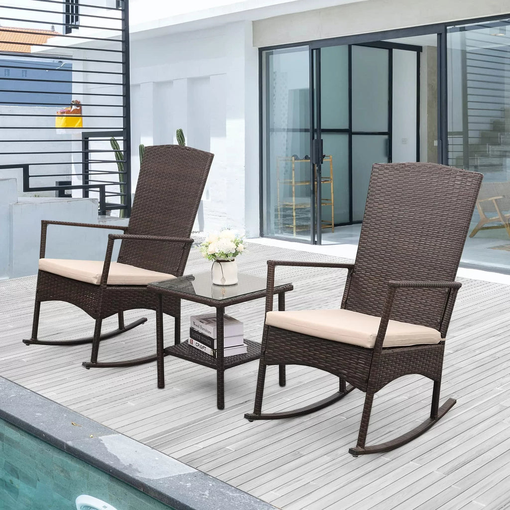 3 Pcs Outdoor Rattan Wicker Rocking Chair Bistro Set with Glass Coffee Table P43923
