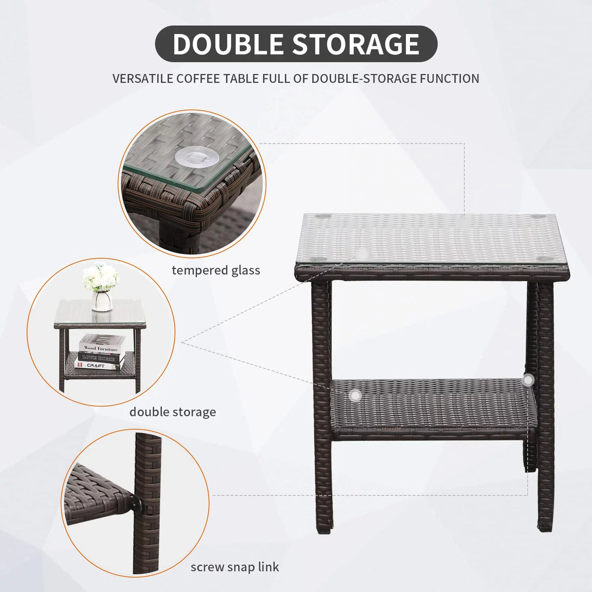 3 Pcs Outdoor Rattan Wicker Rocking Chair Bistro Set with Glass Coffee Table P43923