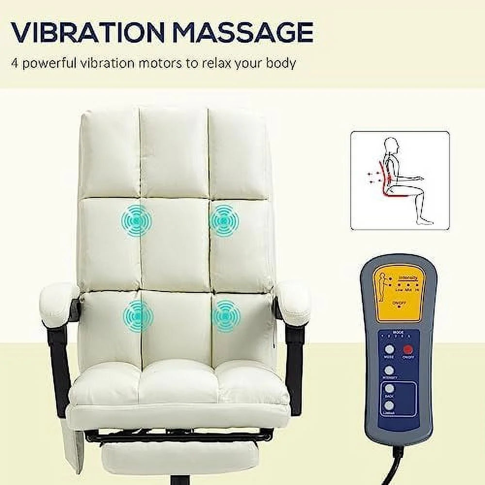 Cream White Massage Office Chair with USB Port and Footrest V507441