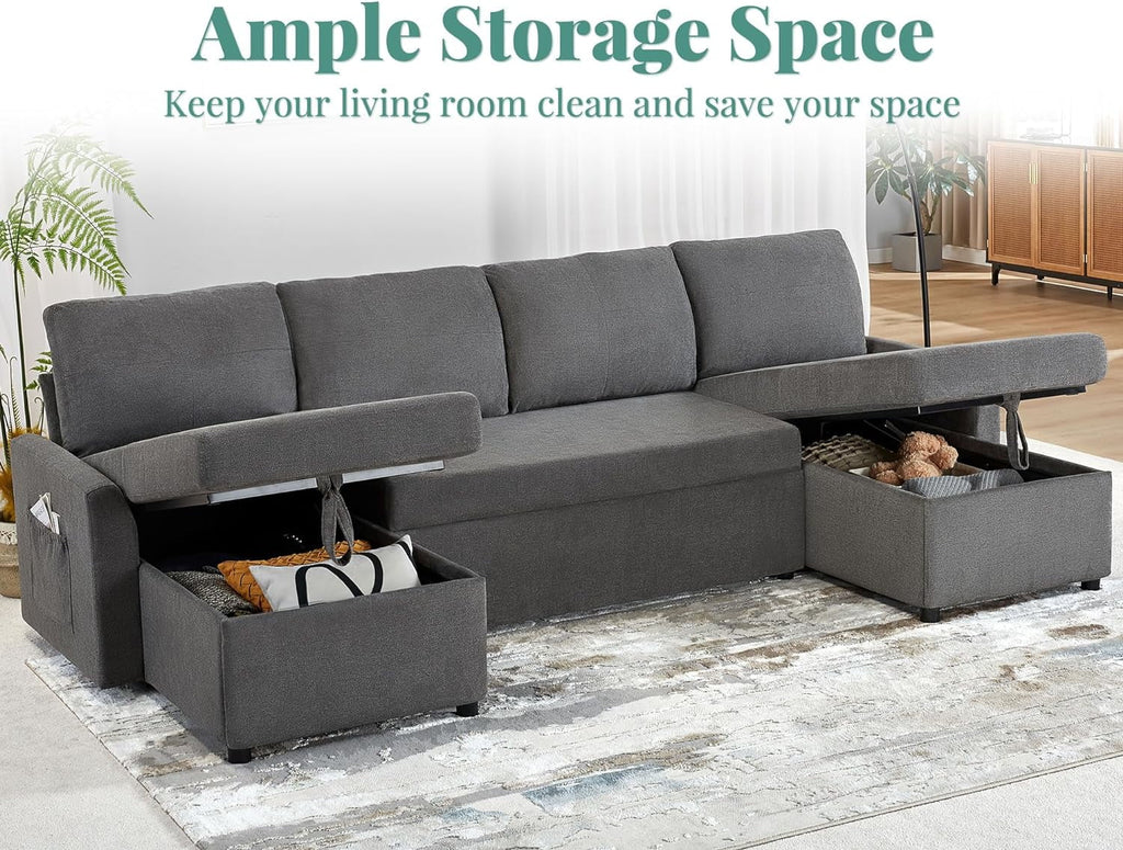 White Sherpa Sleeper Sofa with Storage Chaise D45253
