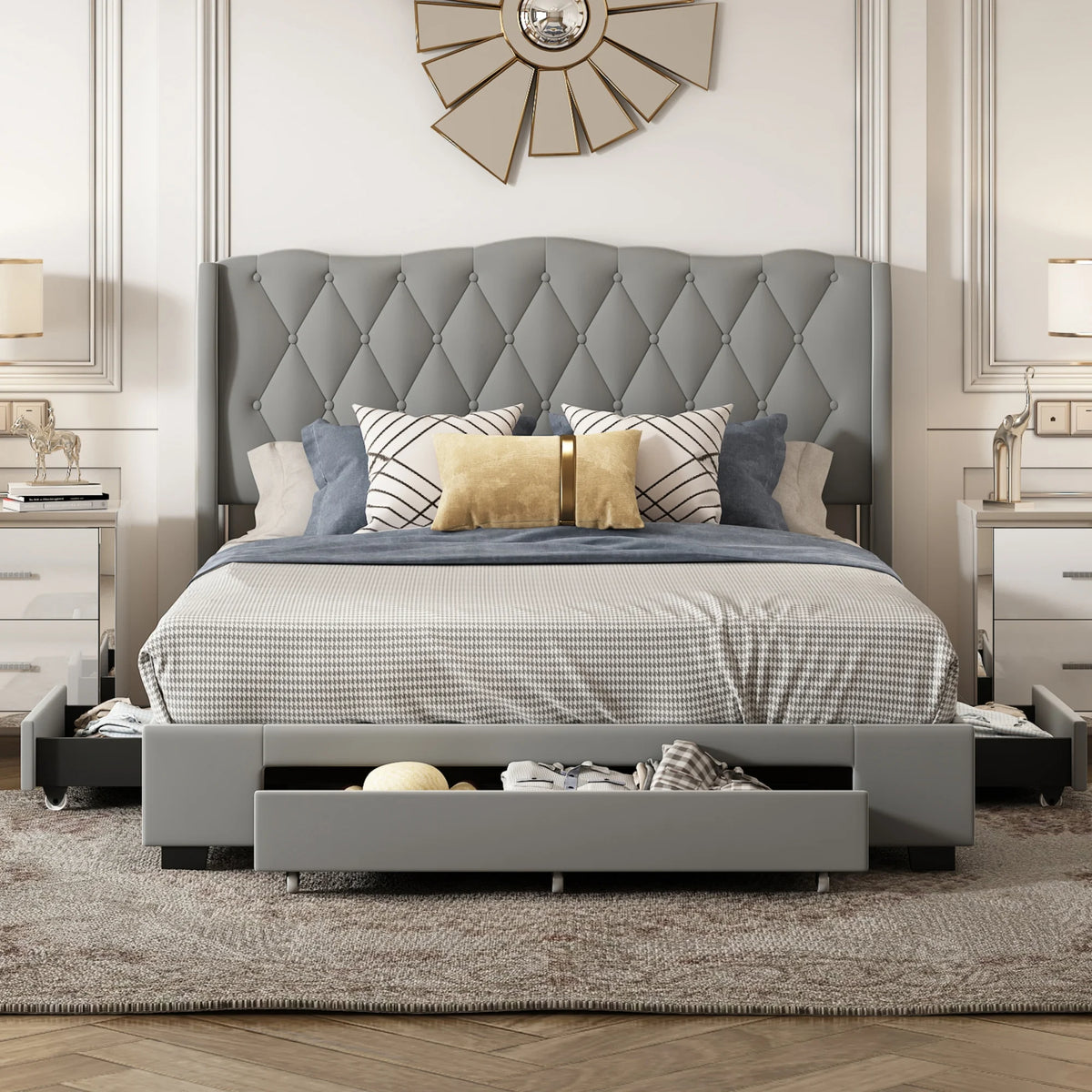 Queen Size Gray Velvet Upholstered Platform Bed with 3 Drawers R337254