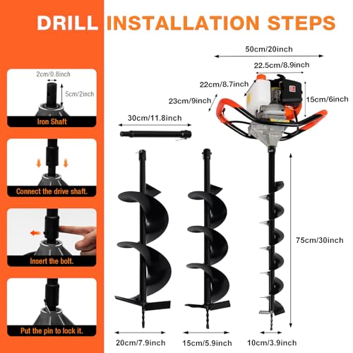 52cc 1700W Gas Powered Auger Post Hole Digger with 3 Drill Bits O86518