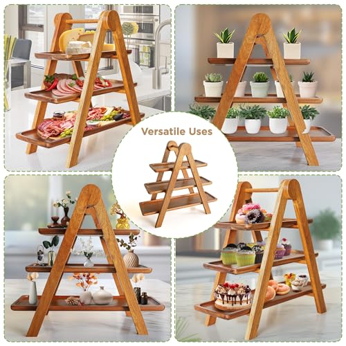 3 Tier Wooden Serving Tray Set of 2 Tongs F7220