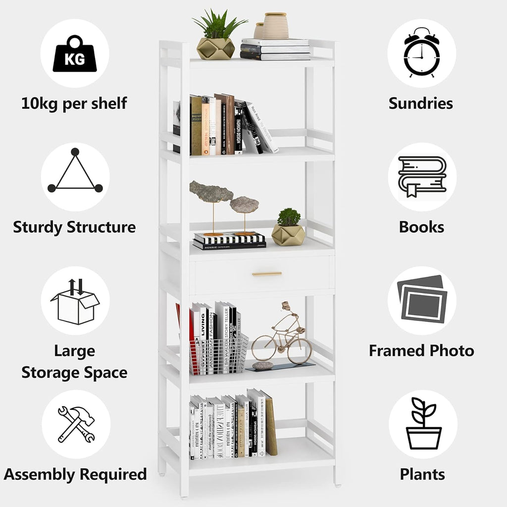 White 5-Tier Bookshelf with Drawer J928