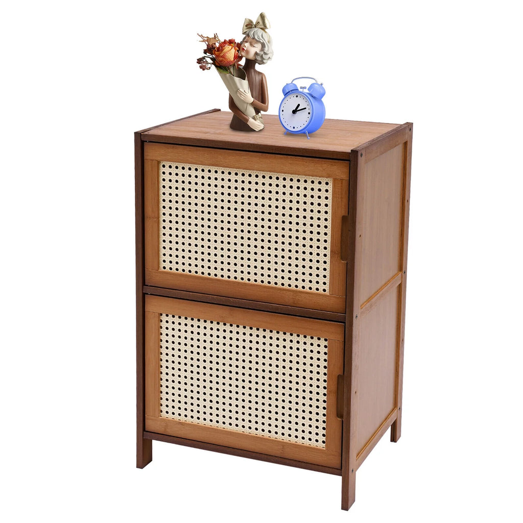 Dark Brown Rattan Nightstand with Door Drawer Y98130